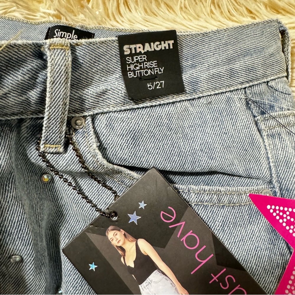 NEW Simple Society Jeans Straight high rise Butterfly Button Size 5/27 - Picture 3 of 6